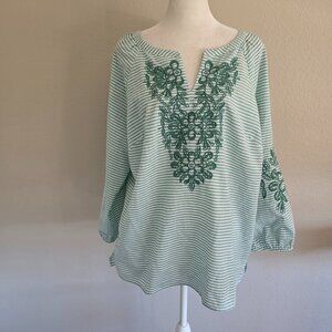 Talbots Tunic Top Blouse Women Large Green White Stripe Floral Embroidery Cotton